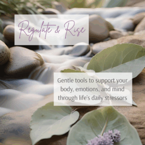 gentle stream of water running over soft rocks with eucalyptus colored leaves and caption of course
